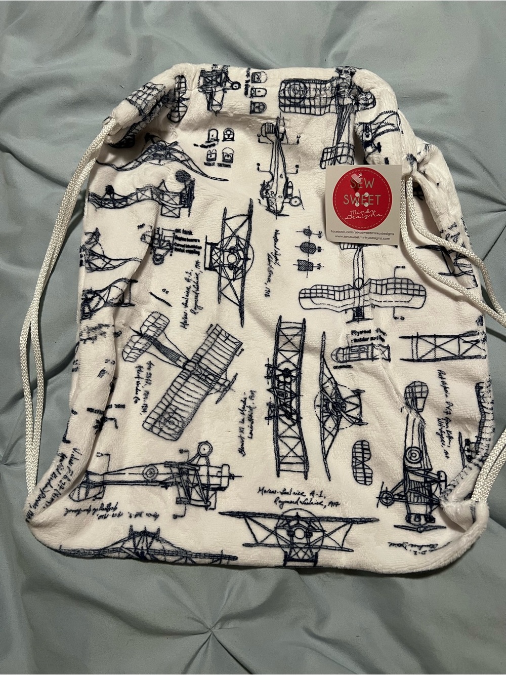 Kids Drawstring Backpack - White with Navy Aircraft Print